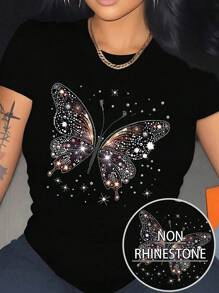 SHEIN CURVE+ Maglietta casual da donna taglie forti con scollo tondo, maniche corte e stampa a farfalla con strass