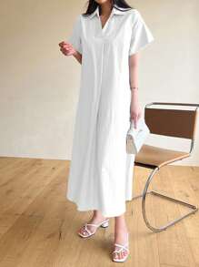 DAZY Đầm suông dài thường ngày cổ chữ V màu trơn có túi xéo Đầm sơ mi suông - trắng - Xem 2