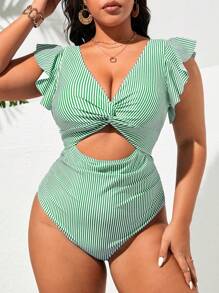 Swim Lushoire Maillot de bain une pièce sexy à la mode avec col en V rayé, taille ajourée, pour femmes grande taille. Tenue de vacances