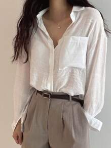 DAZY Solid Single Breasted Pocket Detail Shirt,Fall Women Clothes Long Sleeve Top - White - View 9
