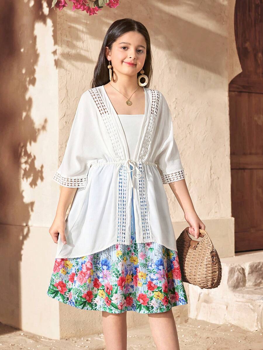 SHEIN Tween Girls Plain Woven White Drawstring Relaxed Kimono Top, Vacation Bohemian Music Festival Style