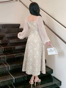 DAZY Đầm dự tiệc dài ngang gối thanh lịch dành cho nữ, đầm dạ hội họa tiết hoa mùa xuân/hè, đầm cưới, đầm lễ Phục sinh. - Màu be - Xem 6