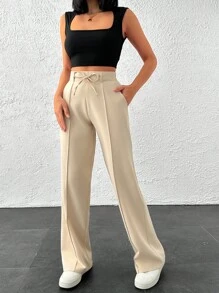 EURMUSE 优质正面褶裥和假抽绳细节阔腿裤 - 米色 - 查看 2