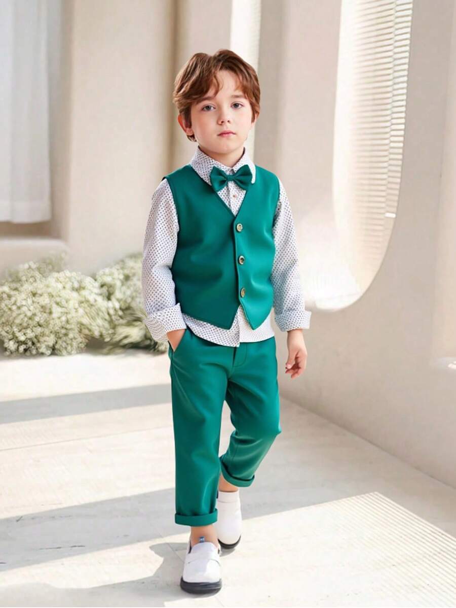 3-Piece Gentleman Suit For Young Boys, Includes Soft Woven Polka Dot Printed Long Sleeve Shirt, Green Vest, And Casual Suit Pants, With A Stylish Bow Tie. This Fashionable Set Is Suitable For Daily Casual Wear, Festivals, Parties, Birthdays, Weddings, Halloween, Christmas, Thanksgiving Celebrations, Formal Occasions, And Performances. - Multicolor - View 1