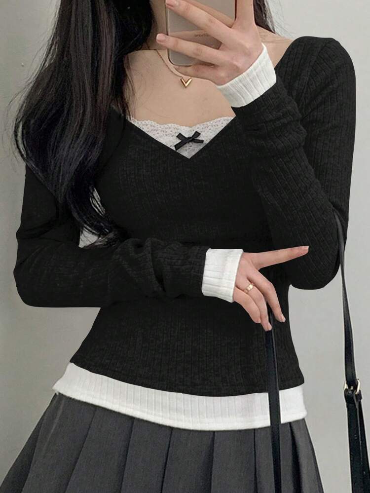 Women's Casual V-Neck T-Shirt With Lace & Bow Decor, Color Contrast Design, Fitted, Suitable For Autumn Long Sleeve Women Tops,Fall Women Clothes