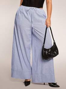 SHEIN BAE Pantalones casuales a rayas azules y blancas de talla grande con lazo, adecuados para uso diario, ir a trabajar, salir, citas, té de la tarde, vacaciones, primavera/verano - Azul y blanco - Ver 4