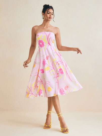 Miriam Omar Designer Pink Playful Floral Printed Strapless Ruched Midi Sundress, Elegant Romantic Sundress Spring And Summer Dress For Women, Vacation, Concert Outfit, Ibiza Fits, Prom Dress Wedding Brunch Outfits Tea Party Dress Pastel Rave Outfit