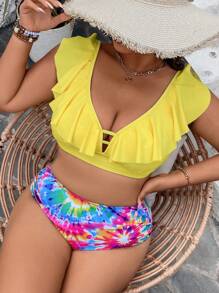 SHEIN Swim Lushore Plus Size Women 2pcs/Set Printed Tankini, Solid Color Contrast Vest Style Bikini - Yellow - View 1