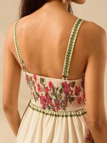 CAJUNI Women's Casual Summer Sleeveless Boho Tropical Floral Print Beige Wide Leg Jumpsuit