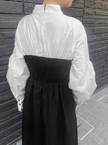 FRIFUL 女士拼接撞色中长连衣裙，秋季长袖连衣裙，及地长裙 - 黑色 - 查看 4