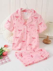 Set de 2 piezas de pijama informal para niña joven con cardigan de manga corta con decoración de lazo rosa y shorts