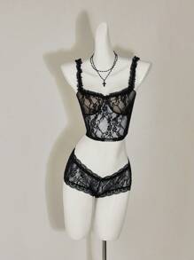 SHEIN ICON 超低腰蝴蝶结蕾丝黑色短裤 - 黑色 - 查看 6