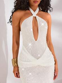 Opulessa Women Halter Backless Solid Color Dress, Fitted,Vacation Outfits Woman,Sundresses For Vacation,Beach Vacation Outfits,Tropical Vacation Woman Clothes,Summer Outfits For Women,Sundress,Backless Dress,Maxi Dresses, - White - View 4