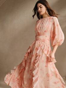 Anewsta Elegant Ruffle Cinched Waist A-Line Pink Floral Print Lantern Sleeve Satin Chiffon Dress For Women, Spring/Easter