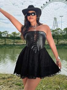 Flirla New Sexy Bohemian Lace & Leather Patchwork Cami Dress With Grommet Lace-Up, Festival, Hippie, Cowgirl, Old Money Style - Black - View 4