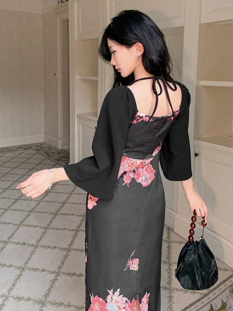 Floral Print Split Hem Mid-Calf Party Dress For Women Prom Dress,Fall Clothes Maxi Dress