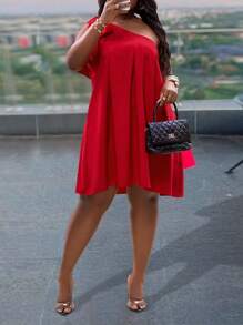 Slaydiva Plus Size Women's Simple Solid Red Casual Dress, Everyday Wear/Valentine's Day - Red - View 7
