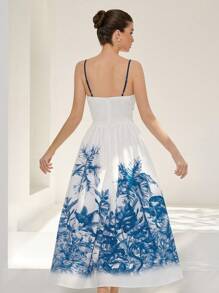 Aveloria Elegant Romantic Vacation Style Random Coconut Tree Print Contrast Color Ruffle Trim Camisole Dress For Women Boho Beach Fashionable Style All Over Print For Summer - White - View 2