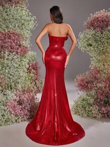 Glamrae Elegant Red Glossy Knit Coated Strapless Asymmetric V-Neck Detachable Floral 3D Embellished Luxurious Handmade Beaded Fishtail Formal Dress, Wedding Guest Dress, Party Dress, Evening Dress - Red - View 4