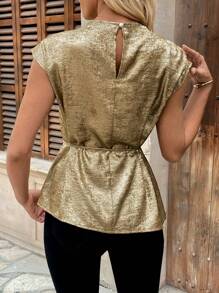 Chiquease 女士优雅 V 领纯色系腰无袖衬衫上衣 - 金色 - 查看 2