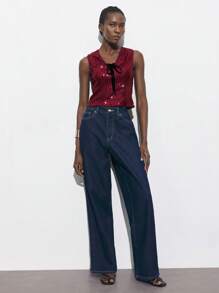 Maija Top corto de tirantes sin mangas con lazo decorado con lentejuelas, uso fashionable para fiestas en verano