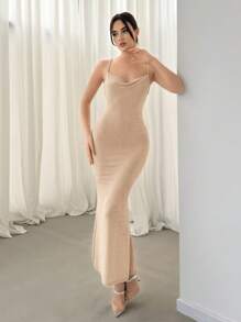 Aloruh 1 件女士简约优雅纹理细肩带吊带连衣裙，夏季 - 卡其色 - 查看 2