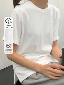 DAZY Solid Round Neck Tee Oversized T-Shirt - White - View 1