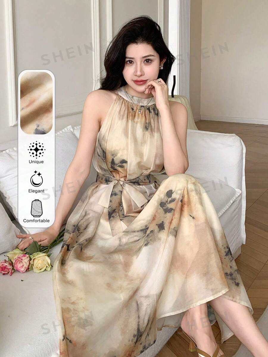 DAZY Rochie de vară pentru femei, fără mâneci, cu imprimeu, cu guler halter, rochie maxi - Galben - Vizualizare 1
