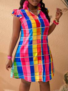 Slaydiva 大码女式休闲浪漫格子印花盖袖 A 字形连衣裙 - 彩色 - 查看 7