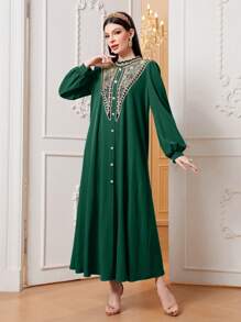 Al Najma Elegant Floral Embroidered Long Arabian Dress - Dark Green - View 4
