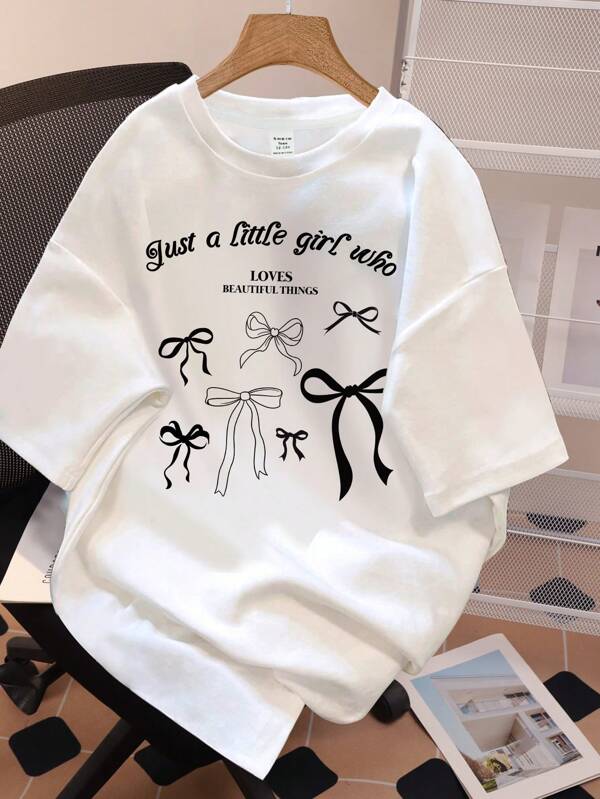 SHEIN Bow Print, Casual Simple Oversized Knit T-Shirt For Teen Girls, Suitable For Summer