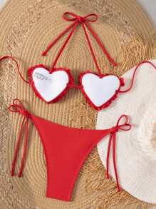 SHEIN Swim Beach Outfits For Women, Solid Color Handmade 3D Flower Sexy Bikini Set For Summer Beach Vacation - Red - View 2