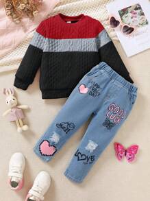 2pcs Girls Casual Cute Comfortable College Style Sweatshirt Top With Patchwork Design & Letter Print Denim Pants Set, Autumn/Winter - Red - View 1