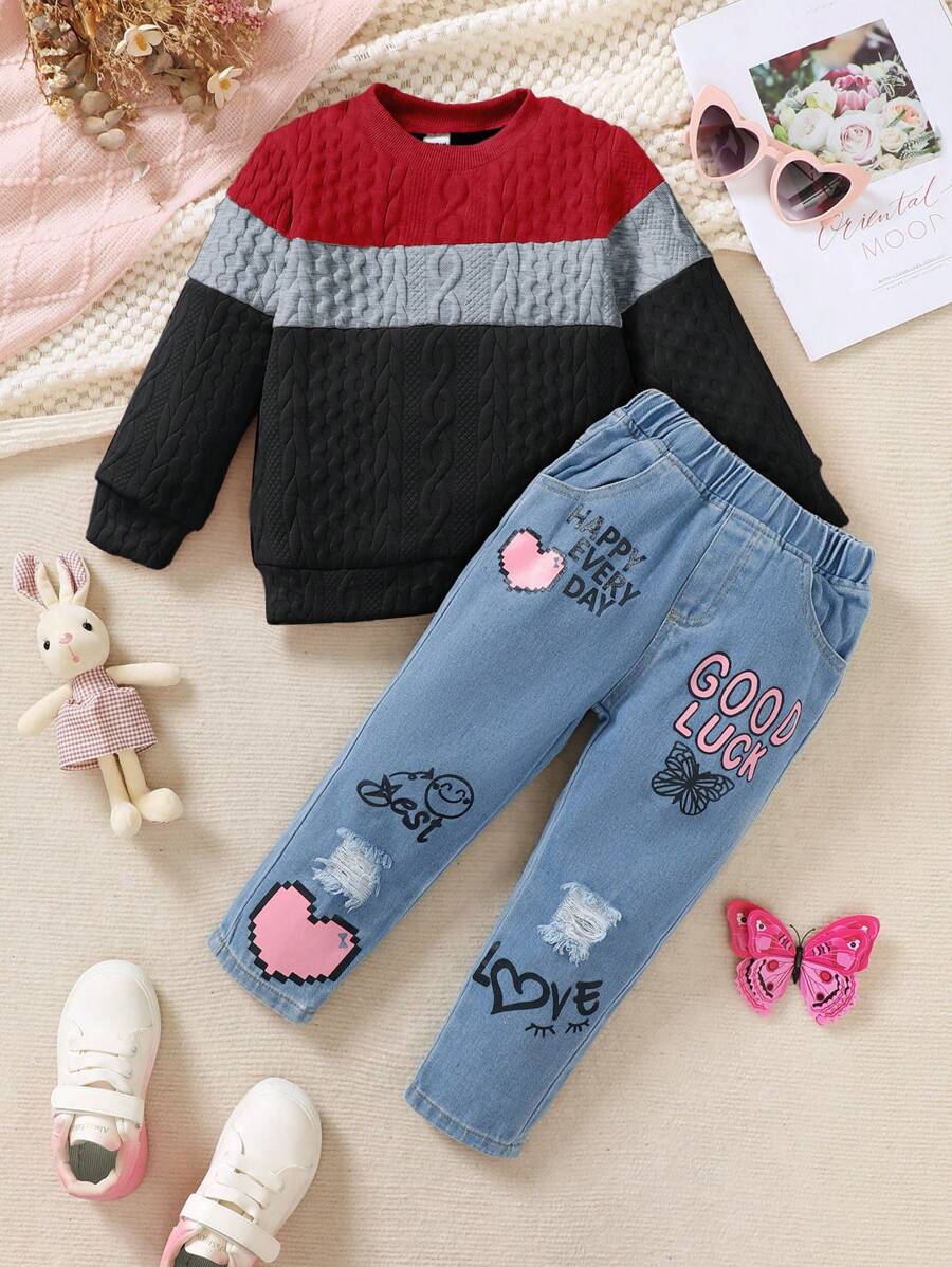 2pcs Girls Casual Cute Comfortable College Style Sweatshirt Top With Patchwork Design & Letter Print Denim Pants Set, Autumn/Winter - Red - View 1