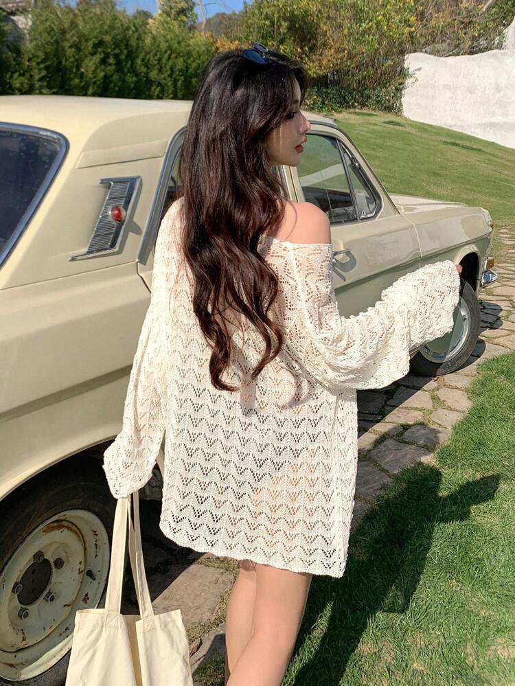 Women's Hollow Out Knit Drop Shoulder Cover Up Summer Sheer Vacation