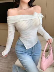 DAZY Camiseta ajustada de manga larga y hombros descubiertos con textura suave, ropa de otoño con tops lindos - Blanco - Ver 4