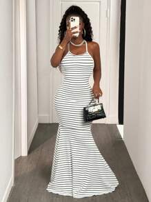 BamGleam Women Striped Backless Spaghetti Strap Dress, Minimalist & Fashionable - Black and White - View 4