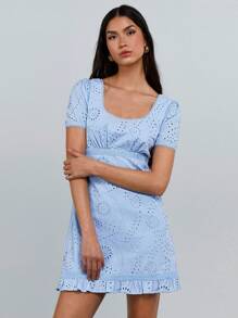 Athîral Mini rochie cu maneca scurta de culoare solida pentru femei, moda minimalista pentru vara - Albastru - Vizualizare 5