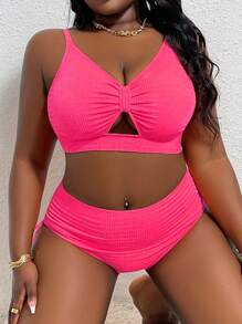 SHEIN Swim Curve Bộ đồ bơi liền thân 2 mảnh màu trơn cỡ lớn cho nữ, thời trang thường ngày đi biển - Màu Hồng Tươi - Xem 5