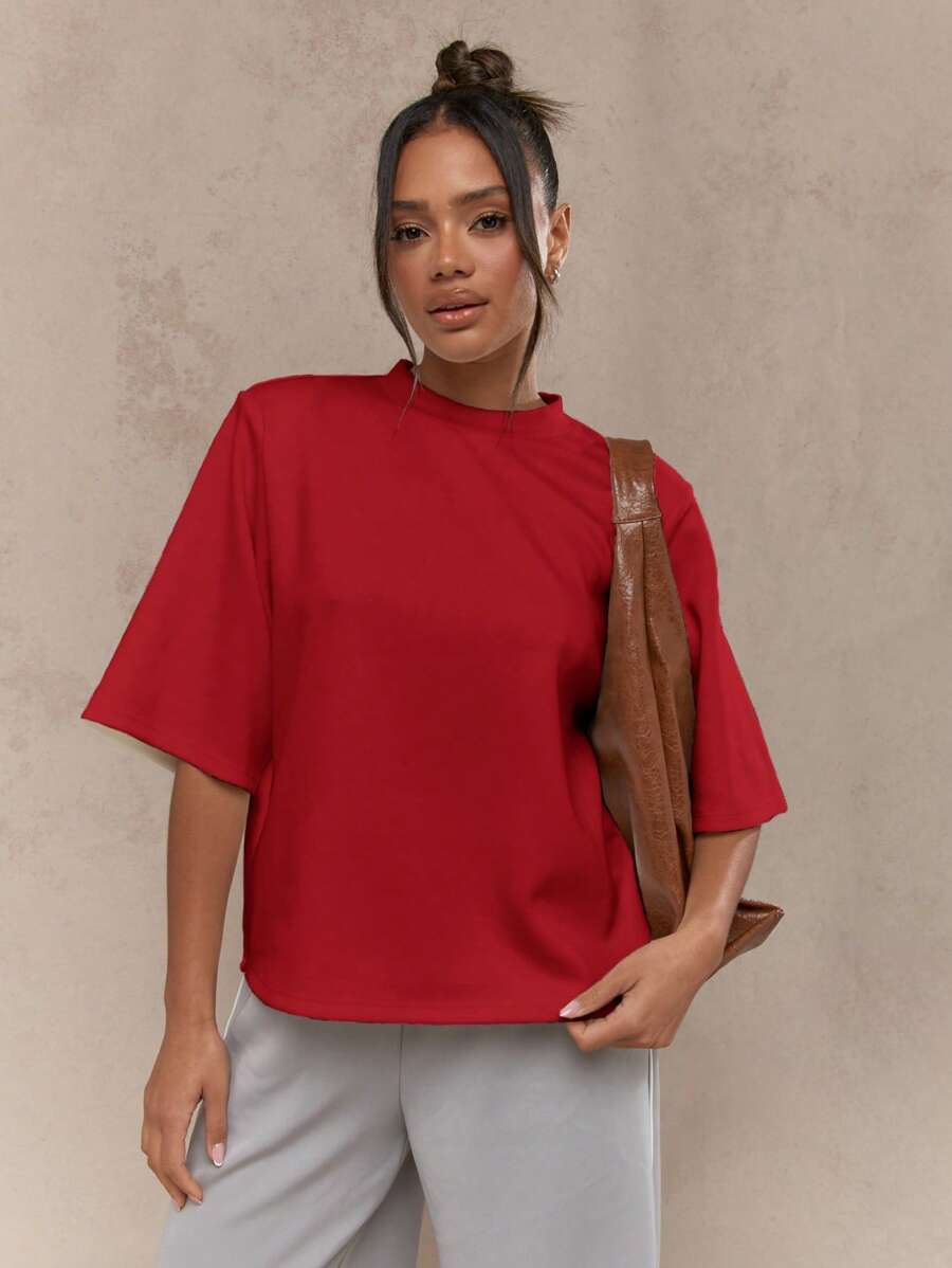 MISSGUIDED Oversized Scuba T-Shirt Contemporary Casual Basic Essential Loungewear Weekend Streetwear Modern Fashion Top Spring Summer - Red - View 1