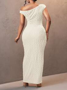 Slaydiva Elegant Sexy Plus Size Women's One Shoulder Textured Striped Dress, Suitable For Christmas, Valentine's Day, Vacation,Graduation Dress