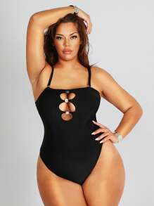 SHEIN Swim SXY Plus Size Solid Color Hollow-Out One-Piece Swimsuit, Vacation Beach - Black - View 5