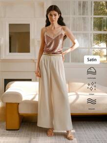 SHEIN LUNE Women's Fashion Woven Solid Color Straight Leg Casual Pants Fall Cloth For Women - Beige - View 8