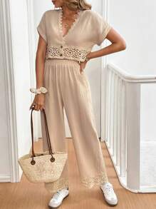 SHEIN Frenchy 2 Pcs/Set Ladies Casual Vacation Solid Color Lace Patchwork Short Sleeve 100% Cotton Top And Pants Set 100% Set Daily Wear Office Wear Old Money Style Clothing Vacation Outfits Woman  Vacation Outfits Women  Lounge Sets For Women - Apricot - View 1