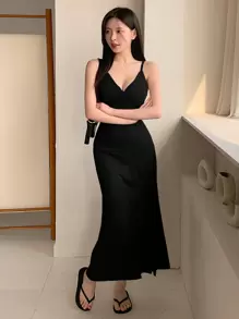 DAZY 女士吊带收腰长款鱼尾优雅连衣裙，黑色连衣裙/吊带长裙 - 黑色 - 查看 2