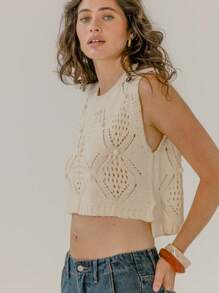 Aralina Sleeveless Crochet Knit Textured Chunky Crop Top - Apricot - View 5