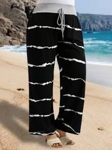 EMERY ROSE Plus Size Women's Summer Casual Striped Loose Spliced ​​Waist Black Pants With Pockets, Beach Outfits For Woman,Vacation Outfits Woman,Casual Everyday Wear,Comfortable And Breathable