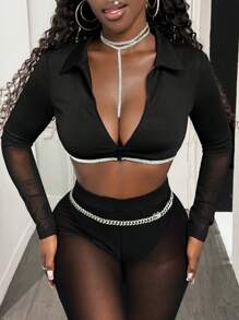 BamGleam 时尚性感闪光胶带装饰短款上衣 - 黑色 - 查看 4