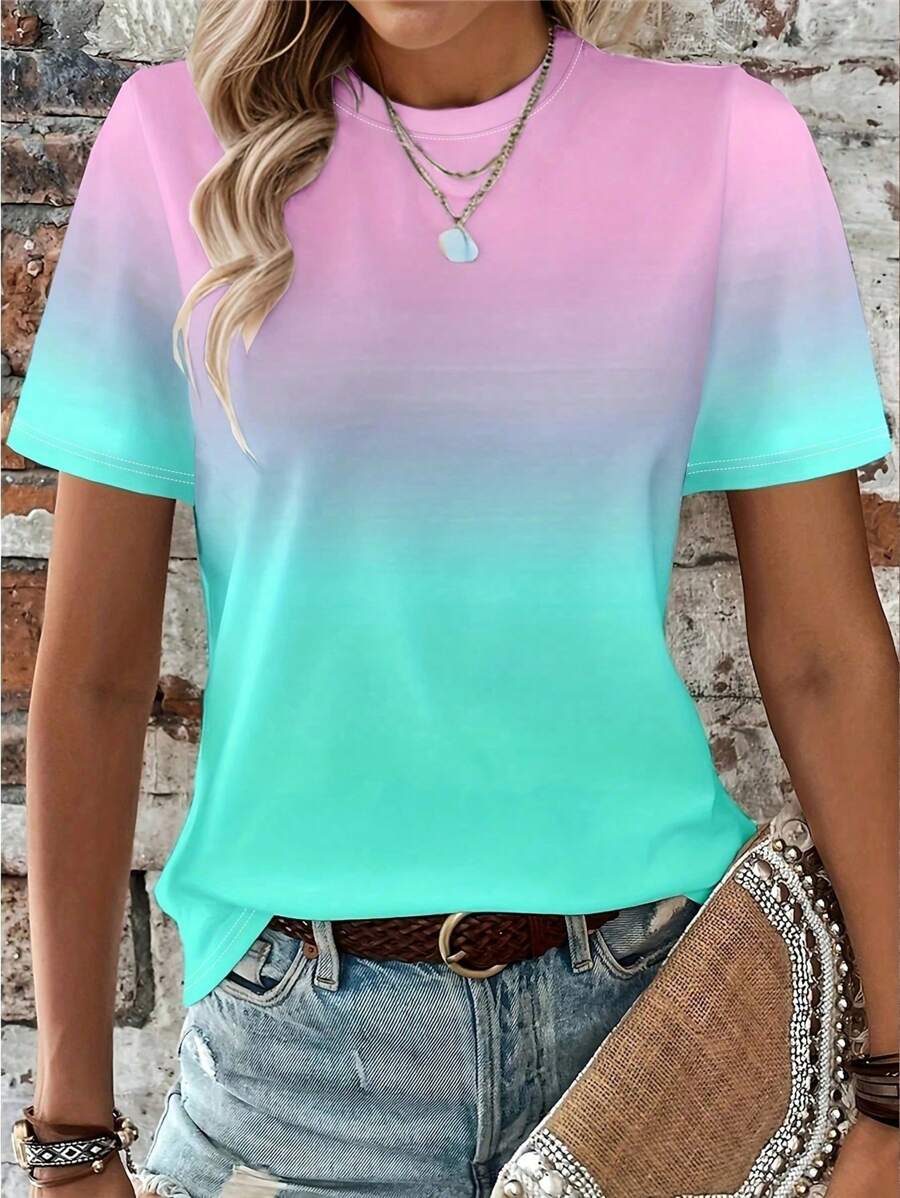 SHEIN LUNE Áo thun tay ngắn cổ tròn in họa tiết kỹ thuật số thời trang xuân hè cỡ lớn cho nữ - Nhiều màu - Xem 1