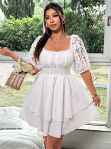 Sunnyshic Vestido de fiesta de boda de largo hasta la rodilla, de cuello cuadrado, ajustado, con parches de encaje blanco y volantes en la Bottom, elegante y casual, para invitados de boda en resorts, tallas grandes